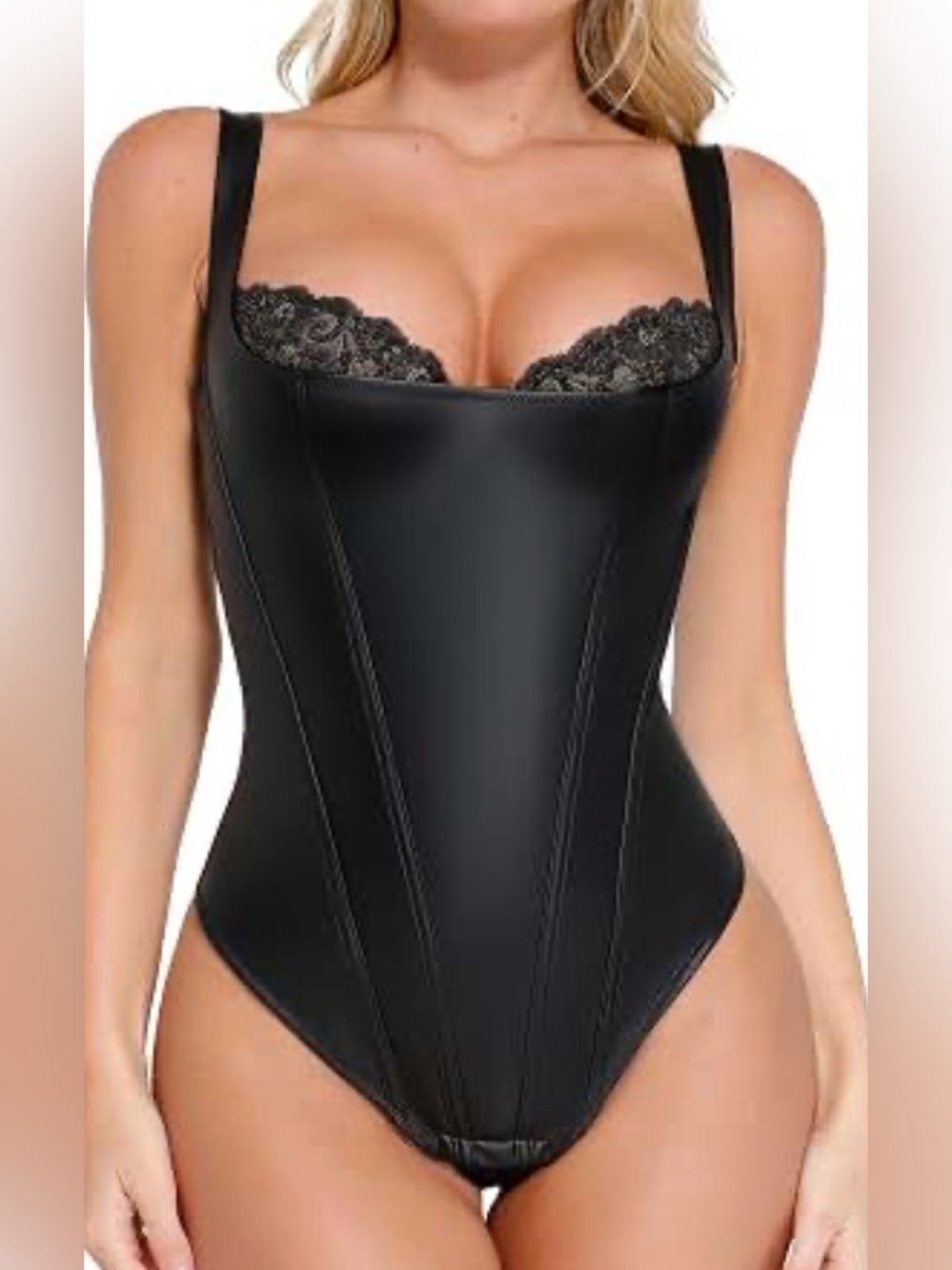 Popilush Black Faux Leather Lace-Trim Sculpting Bodysuit
